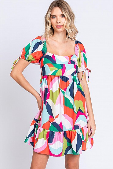 Abstract Print Babydoll Short Dress: WD61477