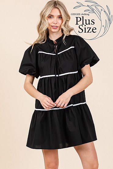 Plus Piping Detail Babydoll Short Dress: WD62023PL