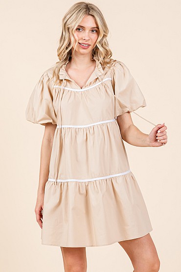 Piping Detail Babydoll Short Dress: WD62023
