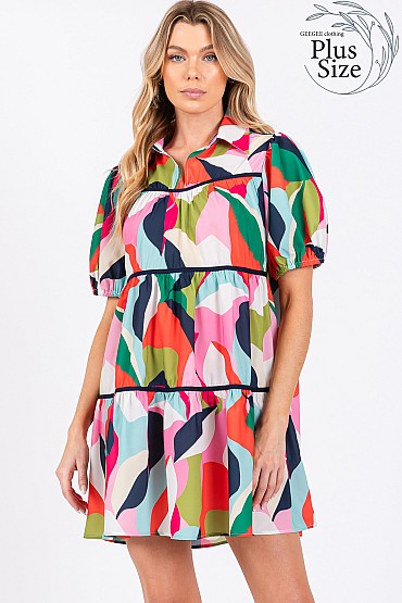 Plus Abstract Pattern Babydoll Mini Dress, WD61538PL