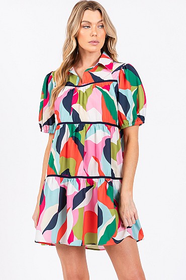 Abstract Pattern Babydoll Mini Dress, WD61538