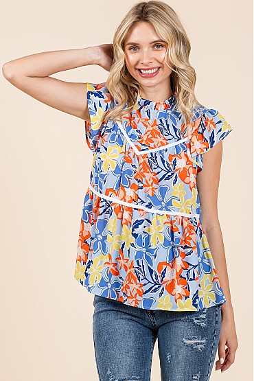 Floral Print Piping Detailed Babydoll Top, WT61541