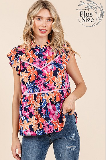 Plus Floral Print Piping Detailed Babydoll Top, WT61541PL