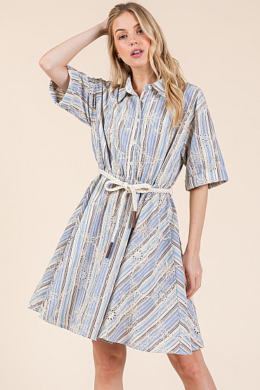 Stripe Floral Eyelet Lace Mini Shirt Dress, OD51300