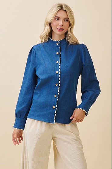Scallop Edge Denim Button-Up Blouse OT51755