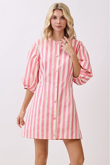 Striped Puff Sleeve Button-Front Mini Dress CD52305