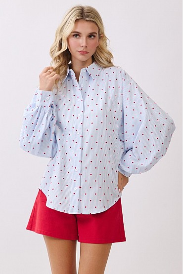 Heart Print Button-Up Blouse MT52272