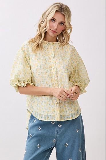 Floral Puff Sleeve Button-Front Blouse MT52321