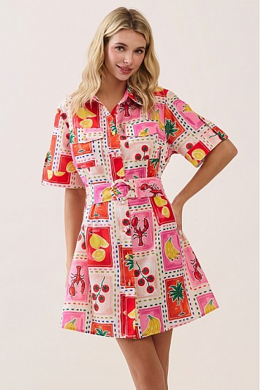 Printed Short Sleeve Belted Shirt Dress CD52620