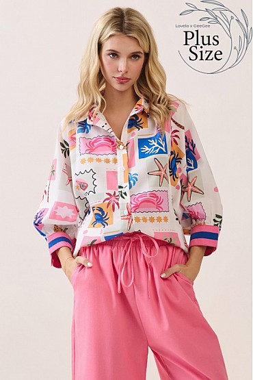 Plus Size Printed Button-Down Blouse CT52631PL