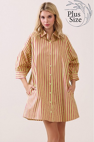 Plus Size Striped Button-Front Shirt Dress CD52346PL