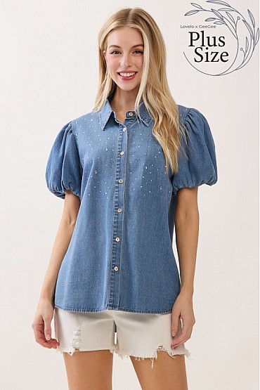 Plus Size Denim Top with Rhinestone Details MT50579PL