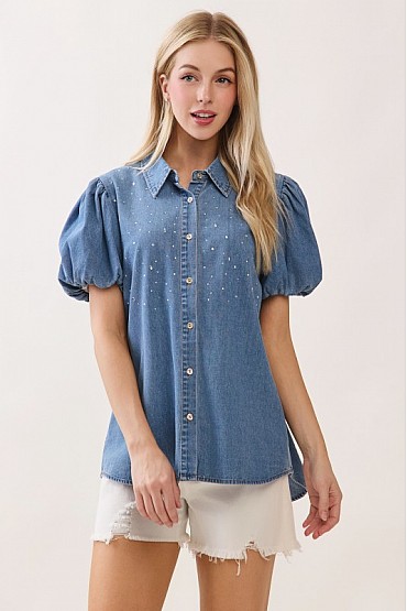 Denim Top with Rhinestone Details MT50579