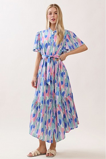 Tiered Button-Up Belted Midi Dress MD51468