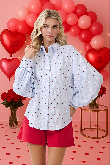 Heart Print Button-Up Blouse MT52272