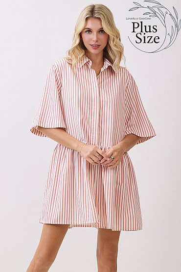 Plus Size Striped Collared Shirt Dress MD52303PL