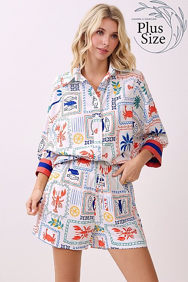 Plus Size Coastal Tile Novelty Print Shorts CP52690PL