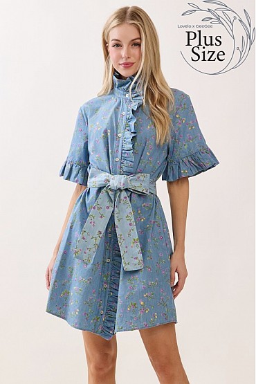 Plus Size Floral Ruffle Shirt Dress CD52664PL