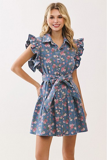 Floral Denim Ruffle Dress CD52651
