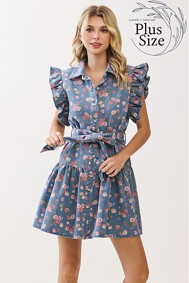 Floral Denim Ruffle Dress CD52651PL