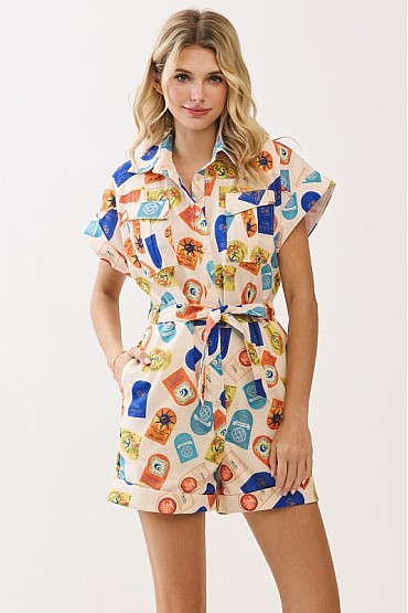 Novelty Print Short Sleeve Utility Romper with Tie Waist CR52700