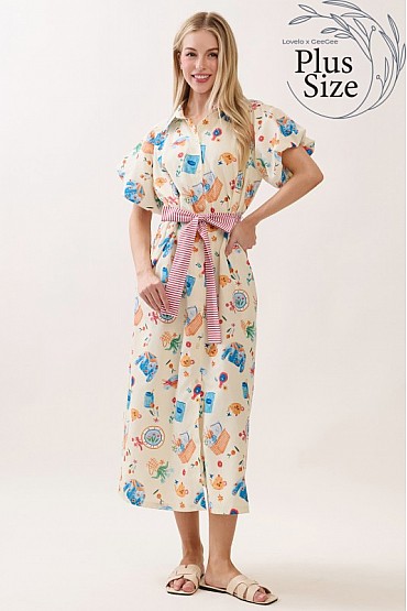Plus Size Print Belted Midi Shirt Dress CD52694PL