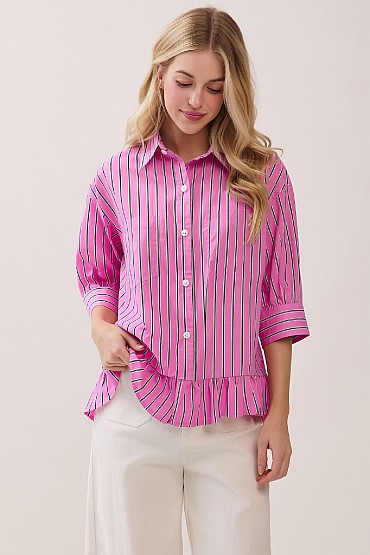 Striped Ruffle Hem Button Up Top CT52562