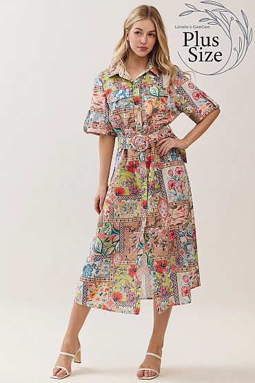 Plus Size Patchwork Floral Print Shirt Dress CD52701PL