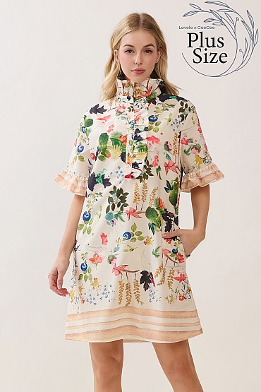 Plus Size Botanical Print Ruffle Dress CD52731PL