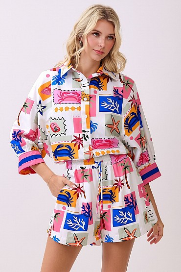 Print Drawstring Shorts with Elastic Waist CP52689