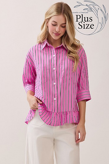 Plus Size Striped Ruffle Hem Button Up Top CT52562PL